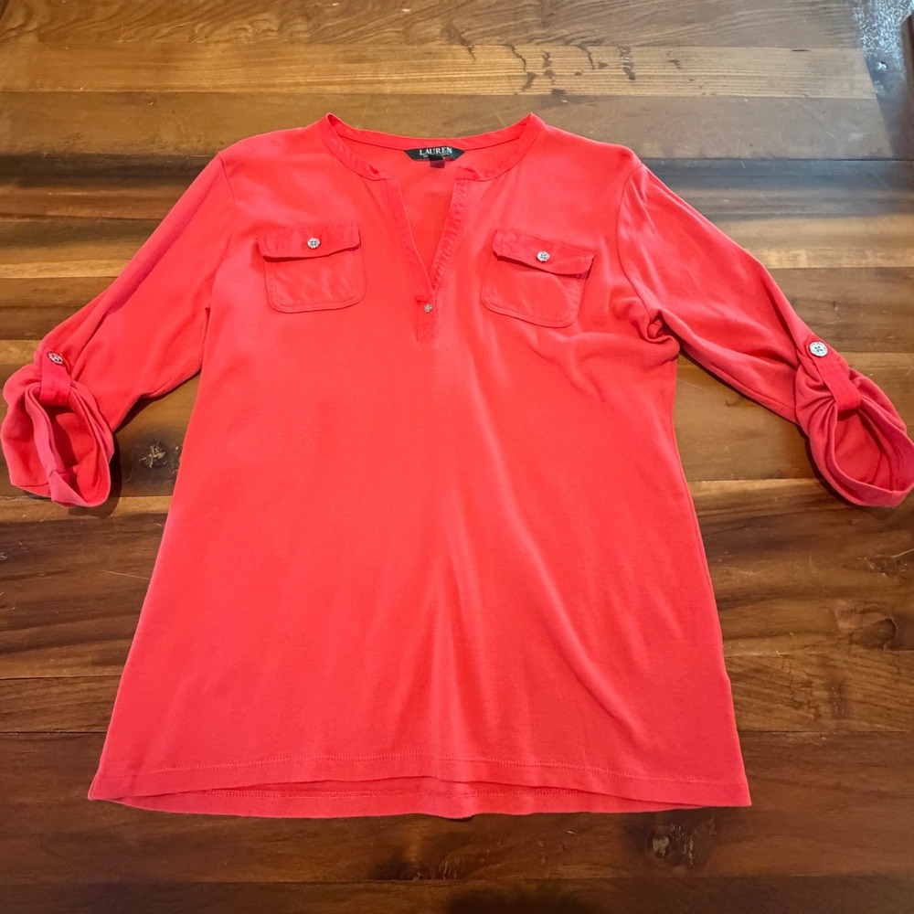 Lauren Ralph Lauren Coral Red Cotton Roll Tab Sleeve Knit Top Large